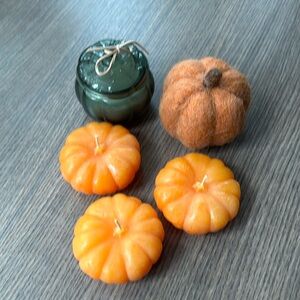 Crate and Barrel 3 candles, Target candle and wool pumpkin home fall decorations